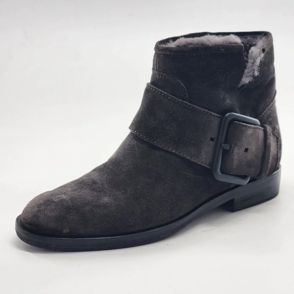 SIGERSON MORRISON $525 Suna 2 Gray Shearling Buckle Suede Ankle Booties Size 7‎